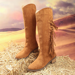 Women's Pointed-Toe Low-Heel Comfortable All-Match Plus-Size Thigh-High Fringe Boots