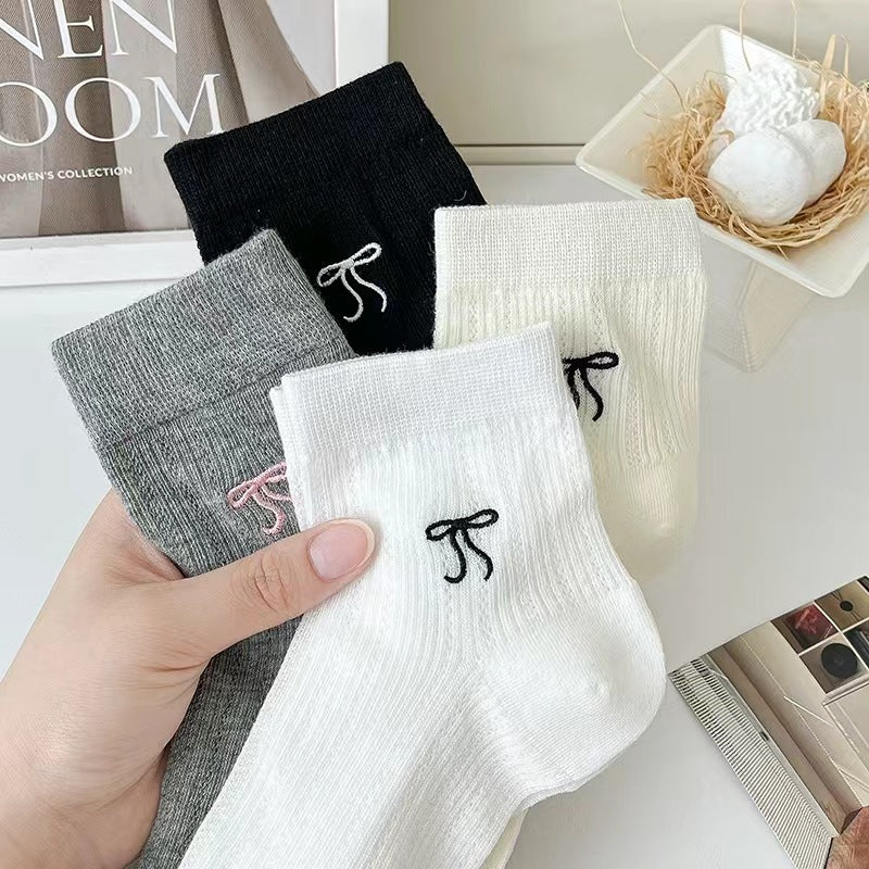 Coquette Bow Embroidered Crew Socks, Ribbed Knit Cotton Socks With Simple Bow, Cute Mid-Calf Socks For Daily Wear & Preppy Style