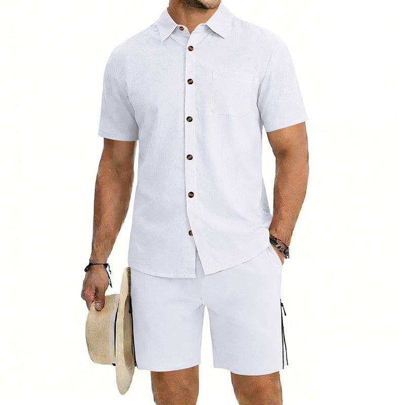Mens Short-Sleeve Button-Down Shirt Drawstring Shorts Two-Piece Set