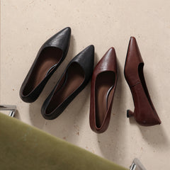 Women's Washed Full-Grain Cowhide Kitten Heel Pumps, Pointed Toe Handcrafted Leather Office Shoes