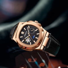 Hochwertige mechanische Uhr mit Sonnen-, Mond- und Sternenmotiv, wasserdichtem Lederarmband