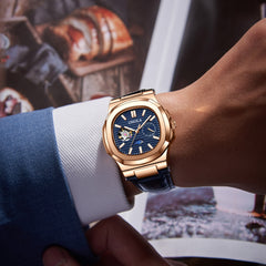 Hochwertige mechanische Uhr mit Sonnen-, Mond- und Sternenmotiv, wasserdichtem Lederarmband
