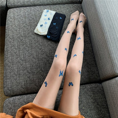 Blue Butterfly Stocking Women's Black Blue Butterfly Printed Ultra Thin Pantyhose Thin