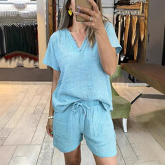Womens Casual V-Neck Pullover Short-Sleeve Top And Shorts Set