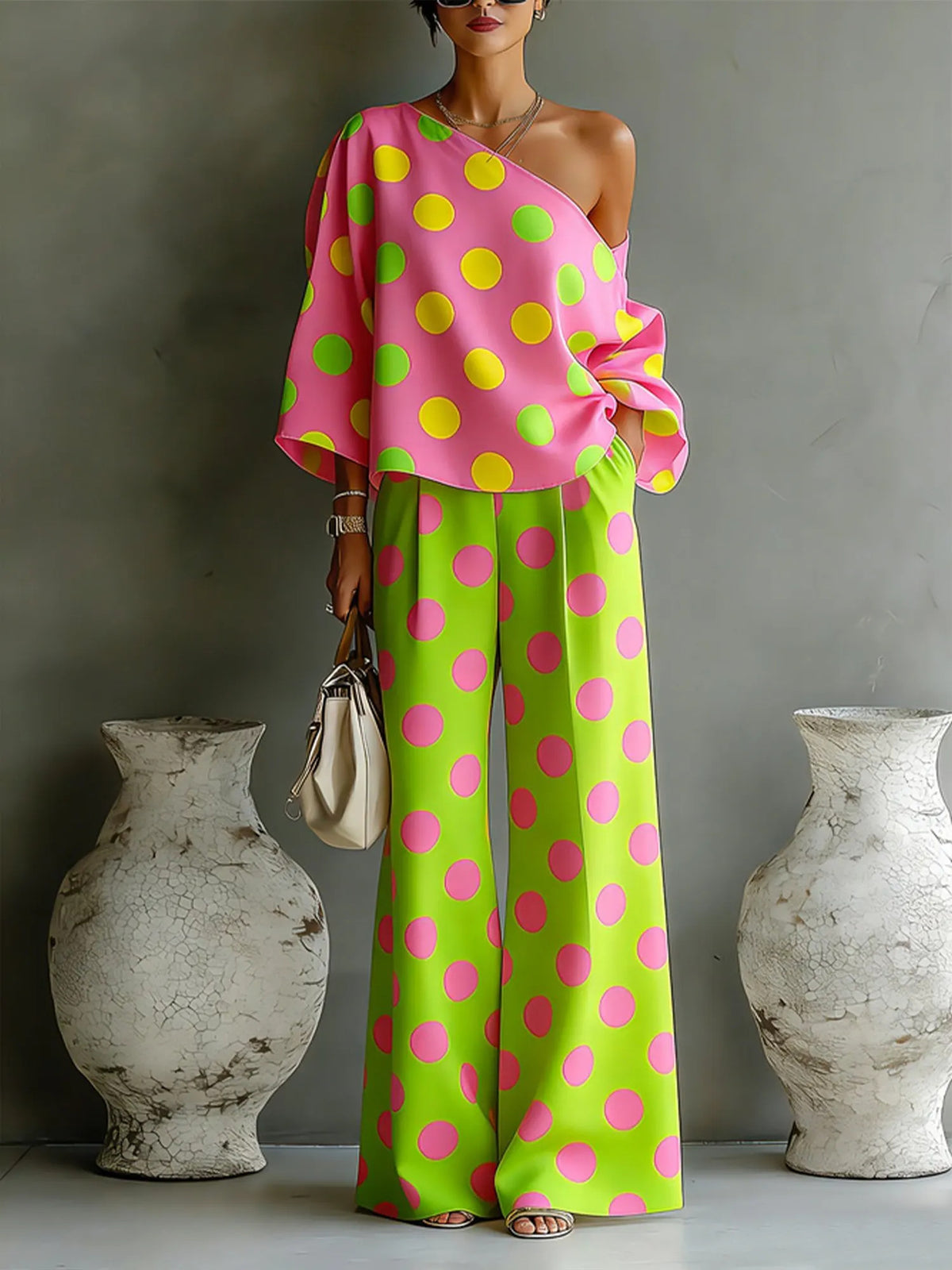 Womens Colorful Polka-Dot Off-Shoulder Flowy Two-Piece Pants Set