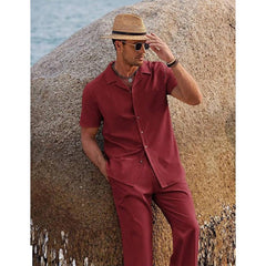 American-style Vintage Short-sleeve Shirt And Casual Trousers Two-piece Set