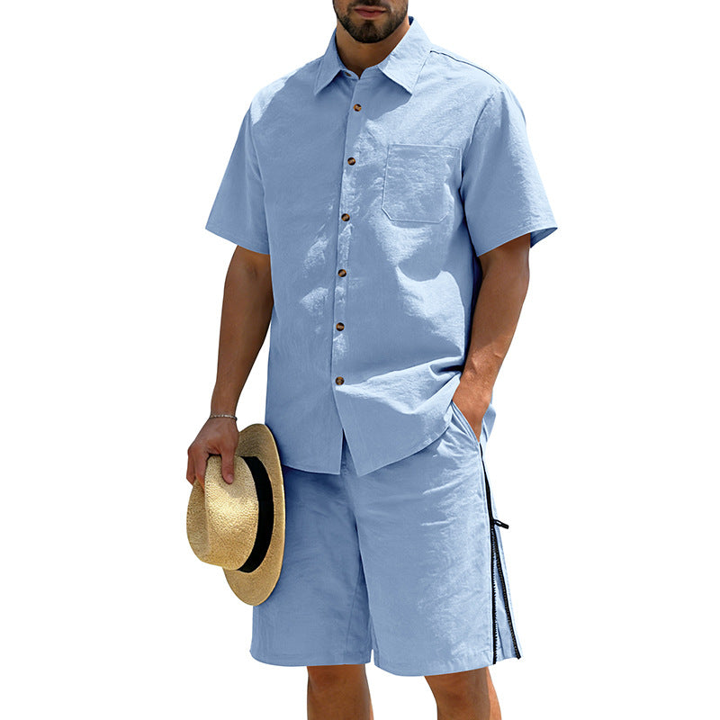 Mens Short-Sleeve Button-Down Shirt Drawstring Shorts Two-Piece Set