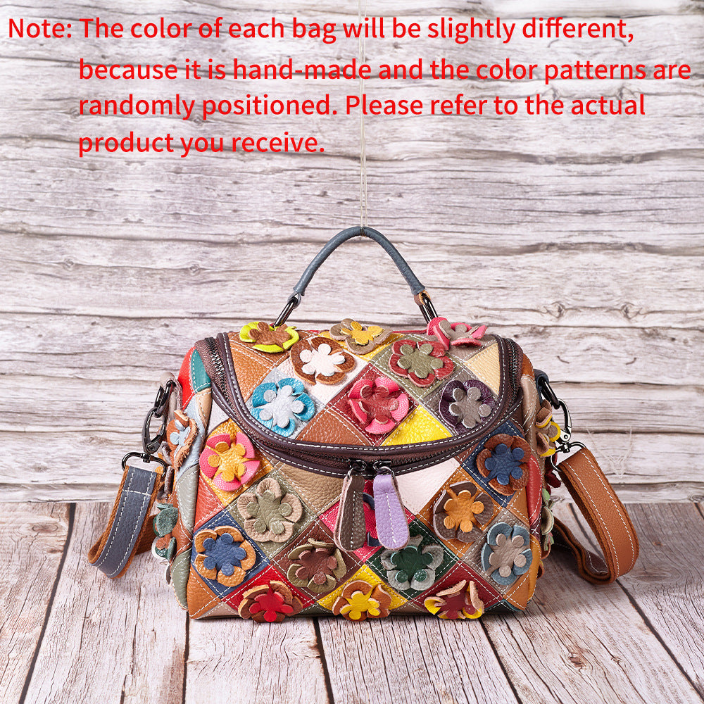 Full-grain Leather Handmade Floral Contrast-color Patchwork Tote Shoulder Bag