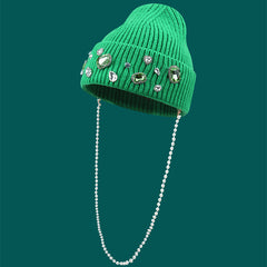 Fashion Pearl Chain Diamond Wool Cap