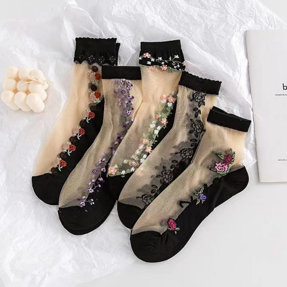 5 Pairs Of Glass Fiber Mid Tube Socks For Spring And Summer, Thin And Breathable Ice Silk Flesh Colored Crystal Silk Socks