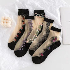 5 Pairs Of Glass Fiber Mid Tube Socks For Spring And Summer, Thin And Breathable Ice Silk Flesh Colored Crystal Silk Socks