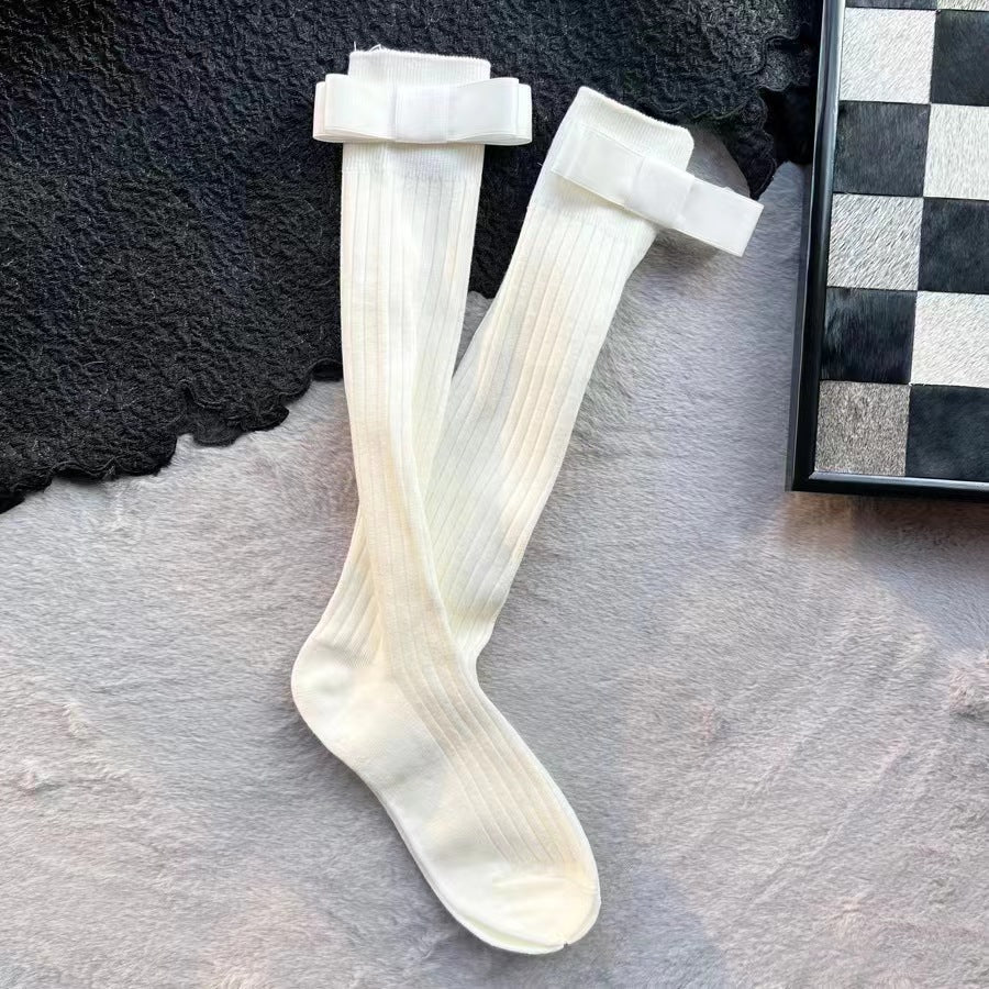 Women's Socks, Spring & Summer Gray Vertical Stripes Slimming Calf Socks, Bow Decor Versatile Runway Style Long Slouch Socks