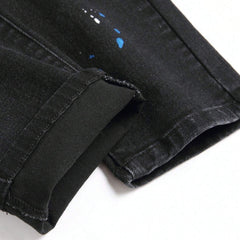 Men's Fashionable Straight-Leg Ripped Black Jeans