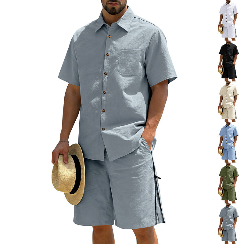 Mens Short-Sleeve Button-Down Shirt Drawstring Shorts Two-Piece Set