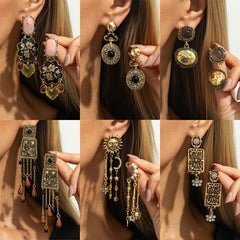 French Retro Hollow Floral Dial Fashionable Geometric Diamond-Encrusted Long Tassel Earrings