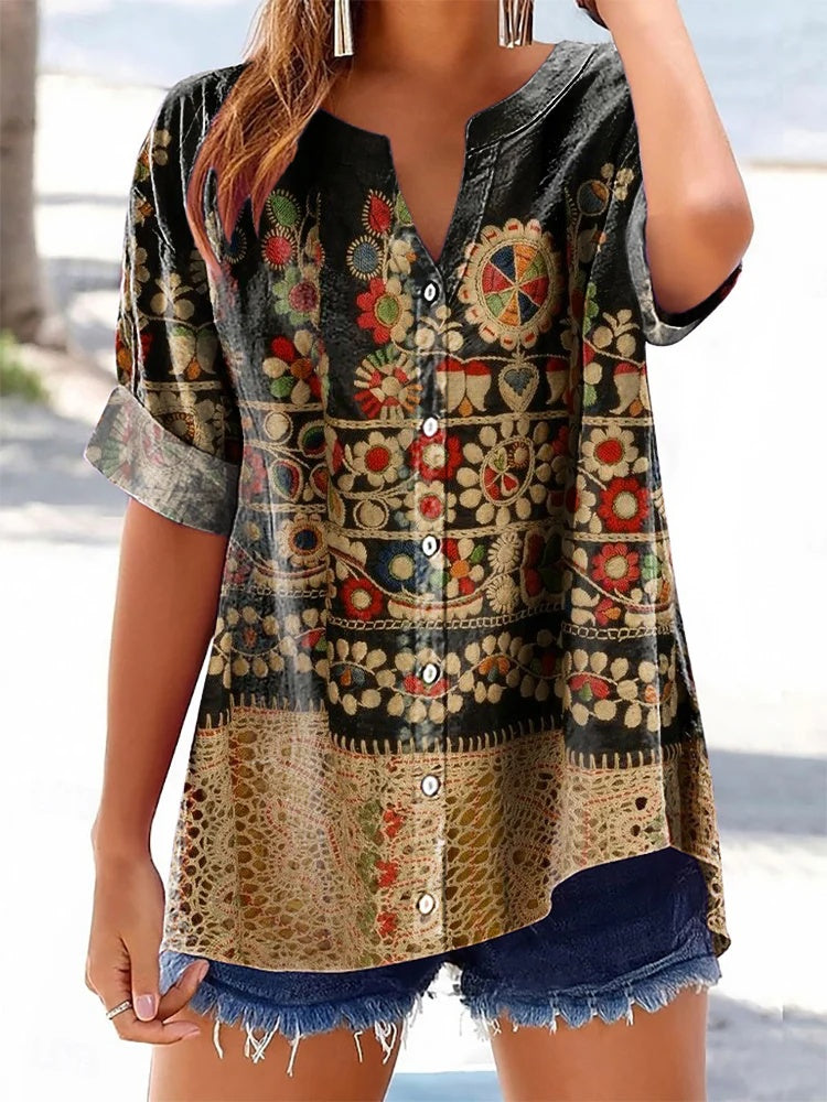 Fashionable Short-Sleeve Top For Women Printed V-Neck 3D