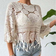 Crochet Hollow-Out Knit Top Solid Color Beach Bikini Cover-Up Skin-Friendly Tassel Casual Blouse