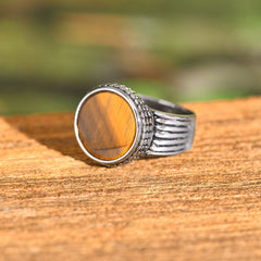 Stainless Steel Mens Tiger Eye Stone Cast Ring Vintage Style