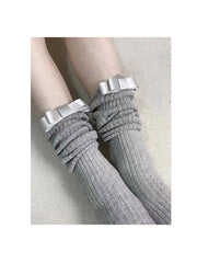 Women's Socks, Spring & Summer Gray Vertical Stripes Slimming Calf Socks, Bow Decor Versatile Runway Style Long Slouch Socks