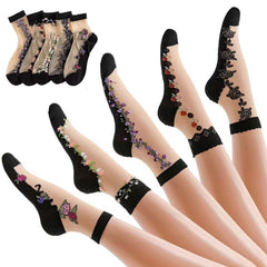 5 Pairs Of Glass Fiber Mid Tube Socks For Spring And Summer, Thin And Breathable Ice Silk Flesh Colored Crystal Silk Socks