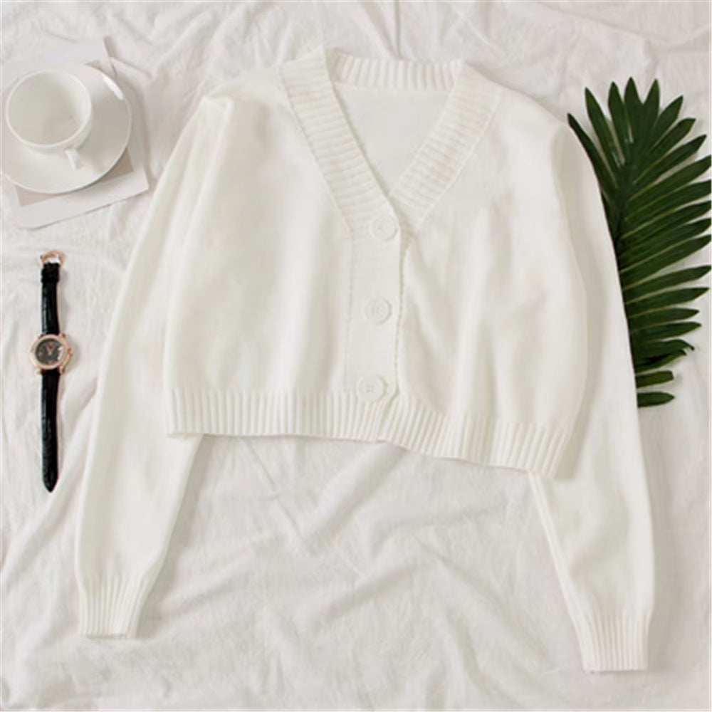 Women'S Cropped Cardigan Sweaters Female Black White Short Sweater V Neck Single Breasted Sweater Woman Knitted Cardigan Tops