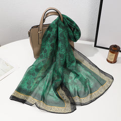 Full-patterned Flower Leopard-print Border Chiffon Soft 150-thread Scarf, Fashionable And Luxurious Style, Suitable For Daily Wear, Business Or Casual Wear In Spring And Summer.