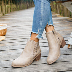 Chunky-heeled Pointed-toe Hollow-out Solid-color British-style Boots