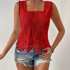 Womens Elegant Square-neck Lace Hollow-out Sleeveless Top