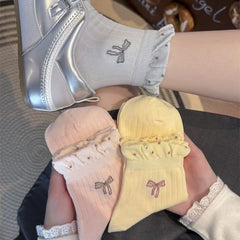 Coquette Bow Embroidered Ruffle Cuff Ankle Socks, Pastel Color Cute Knit Socks, Women's Sweet Low-Cut Socks For Mary Janes & Preppy Style