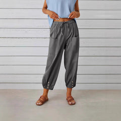 Buttoned Two-tone Linen Cropped Harem Pants