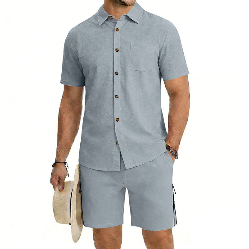 Mens Short-Sleeve Button-Down Shirt Drawstring Shorts Two-Piece Set