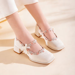 Elegant Oriental Jacquard Satin Mary Jane Shoes With Embroidered Lace And Pearls, Non-Slip Rubber Sole, Comfortable And Non-Fatiguing, Versatile High Heels For Everyday Wear, Parties, And Weddings
