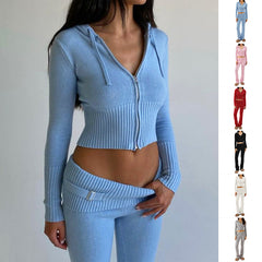 Sportlicher Freizeit-Hoodie-Anzug, sexy, langärmeliger Pullover mit Reißverschluss und hochtaillierte lange Hose, Damenbekleidung