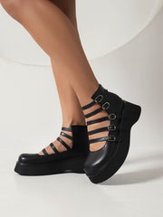 Womens High-top Shoes With A Thick Hollowed-out Leather Belt Buckle