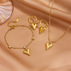 Stylish Stainless Steel Beaded Heart Pendant Earring And Necklace Set
