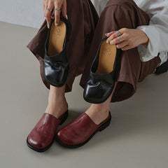 Women's Washed Full Grain Leather Mule Slides, Retro Round Toe Backless Closed-Toe Shoes