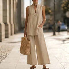 Women's Sleeveless V-Neck Casual Cotton And Linen Set