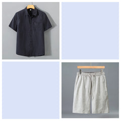 Men's Pure Linen Shorts and Short Sleeve Shirt Set - Summer Loose Casual Lightweight Outfit