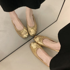 Round Toe Bow Sequin Ballet Flats, Low Cut Slip-on French Style Casual Flat Shoes