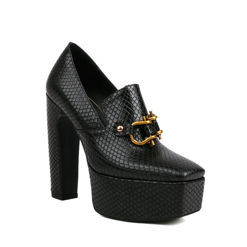 Women's Snake-print Block-heel Shoes With A Square Toe And Chunky Heel