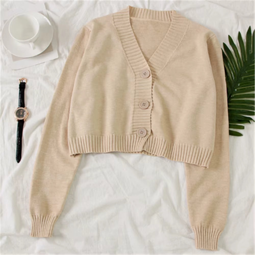 Women'S Cropped Cardigan Sweaters Female Black White Short Sweater V Neck Single Breasted Sweater Woman Knitted Cardigan Tops