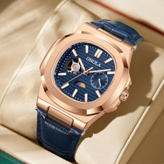Hochwertige mechanische Uhr mit Sonnen-, Mond- und Sternenmotiv, wasserdichtem Lederarmband