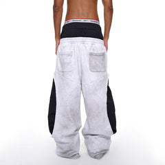 Patchwork Elasticated Low-rise Straight-leg Casual Pants