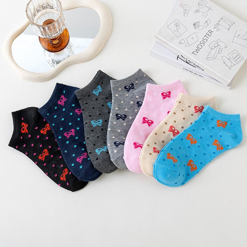 7pairs Socks Women's New Short Socks Korean Bow Low Top Boat Socks Cute Summer Thin Breathable Boat Socks