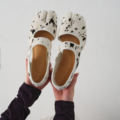 Women's Premium Full Grain Leather Pony Hair Split-Toe Mary Jane Flats, Shallow Cut-Out Shoes