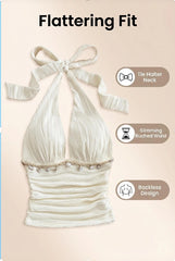 Women's Summer Fashion Beach Vacation Starfish Shell Ribbon Decorative Knitted Texture Fabric Halter Neck Strap Top