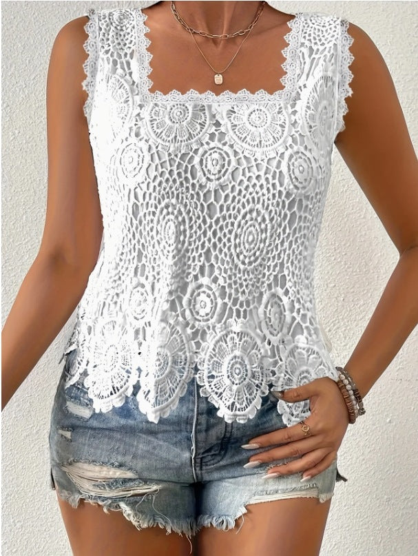 Womens Elegant Square-neck Lace Hollow-out Sleeveless Top