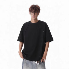 Retro Rivet Patchwork Design, Loose-fit Short Sleeves