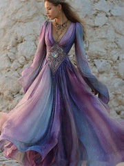 Womens Retro Bohemian Rose-Embroidered Loose Linen Maxi Dress