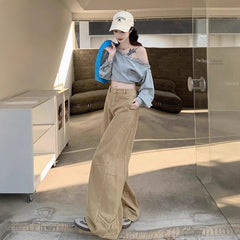 Khaki Loose-fit Wide-leg Cargo Jeans